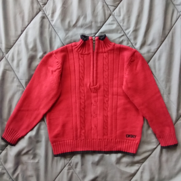 Boys DKNY Red Mock Neck Sweater Ribbed / Cable Knit Style Black Trim 100% Cotton - Picture 1 of 13